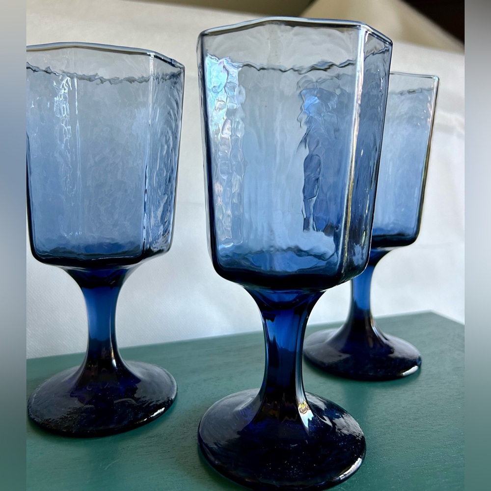 3 Vintage, Libbey, Colbolt Blue, Facets wine/water goblets. Circa 1980s